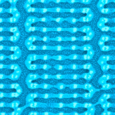 MIT researchers coaxed tiny, chainlike molecules to arrange themselves into complex patterns, like this one, on a silicon chip. Previously, self-assembling molecules have required some kind of template on the chip surface — either a trench etched into the chip, or a pattern created through chemical modification. But the MIT technique instead uses sparse silicon “hitching posts.” The molecules attach themselves to the posts and spontaneously assume the desired patterns.  Image: Yeon Sik Jung and Joel Yang