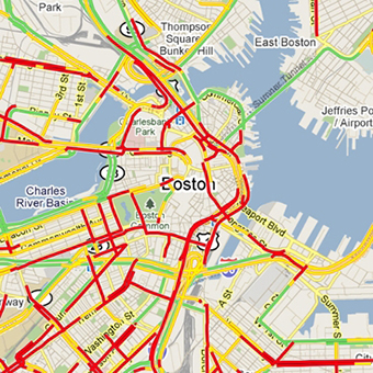 Google Maps currently provides data about traffic conditions, labeling congested routes in red and open ones in green. But those data would be much more accurate and timely if cars themselves acted as sensors.  Image: Google