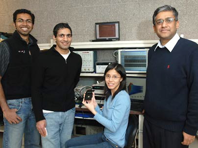 Yogesh Ramadass, Naveen Verma, Joyce Kwong, Anantha Chandrakasan From left, electrical engineering graduate students Yogesh Ramadass, Naveen Verma and Joyce Kwong, along with Professor Anantha Chandrakasan. This team has developed a microchip that can be up to 10 times more energy-efficient than present technology.  Photo / Donna Coveney