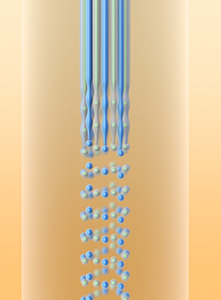 This illustration shows how a molten fiber, because of a phenomenon known as Rayleigh instability, naturally breaks up into spherical droplets. Researchers from MIT and UCF have figured out how to use this natural tendency as a way to make large quantities of perfectly uniform particles, which can have quite complex structures.  Image: Yan Liang/Fink Lab