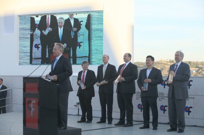 From left: Carmen Puliafito, James Fujimoto, Eric Swanson, Joel Schuman, David Huang and David Williams receive the 2012 Champalimud Vision Award in Lisbon