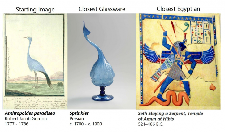 The machine learning system can uncover connections in whatever culture or media a user is interested in, such as finding the shared artistic form of “Anthropoides paradisea” and “Seth Slaying a Serpent, Temple of Amun at Hibis." The machine learning system can uncover connections in whatever culture or media a user is interested in, such as finding the shared artistic form of “Anthropoides paradisea” and “Seth Slaying a Serpent, Temple of Amun at Hibis.” Image courtesy of MIT CSAIL.