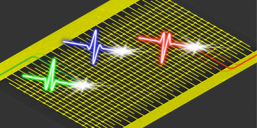 Pseudo-color scanning electron micrograph of the integrated lightwave electronic circuit. Incident ultrafast light waves induce photocurrents in the circuit that encode information about the shape and absolute phase of the light wave. Image courtesy of the researchers.