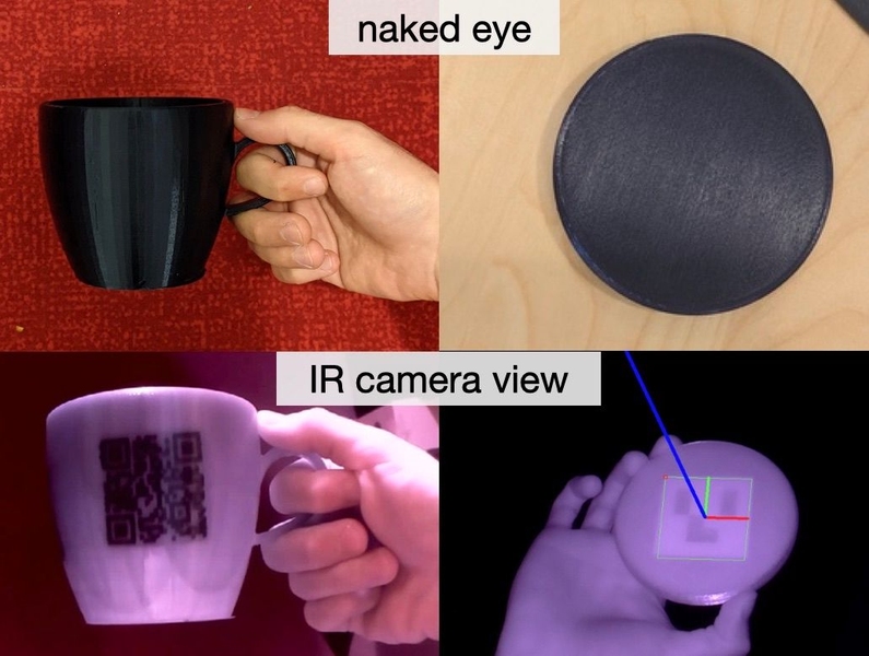 This image contrasts the appearance of a coffee cup to the naked human eye (a black, nondescript cup) to the eye of a IR camera (where the cup appears white with a distinctive black mark).