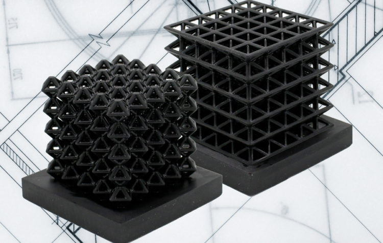 This image shows 3D-printed crystalline lattice structures with air-filled channels, known as "fluidic sensors," embedded into the structures (the indents on the middle of lattices are the outlet holes of the sensors.) These air channels let the researchers measure how much force the lattices experience when they are compressed or flattened.