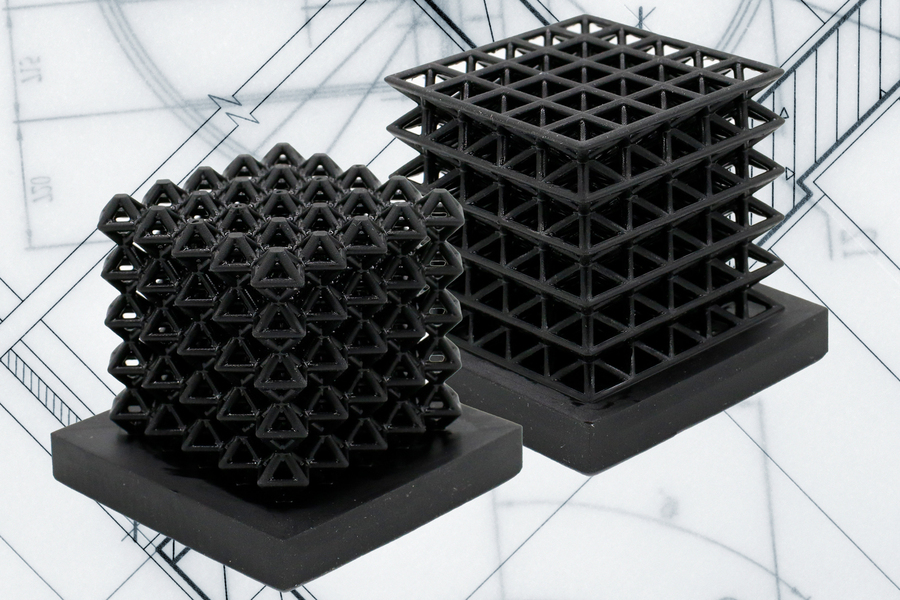 This image shows 3D-printed crystalline lattice structures with air-filled channels, known as "fluidic sensors," embedded into the structures (the indents on the middle of lattices are the outlet holes of the sensors.) These air channels let the researchers measure how much force the lattices experience when they are compressed or flattened.