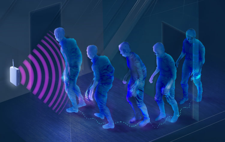 A diagram of wireless signals emanating from a small device mounted on a wall. The wireless signal expands to encompass a person walking with a shuffling gait.