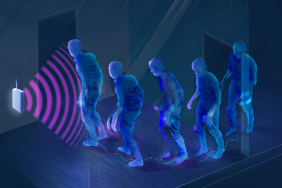 A diagram of wireless signals emanating from a small device mounted on a wall. The wireless signal expands to encompass a person walking with a shuffling gait.