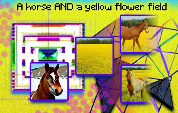 In this conceptual painting, a computer responds with several different images in response to the prompt "A horse in a yellow flower field".