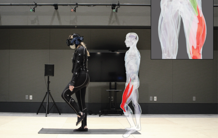 A woman wearing workout gear studded with electrical nodes practices lifting and flexing her foot as a virtual model of the human body, with muscle groups highlighted, appears next to her.