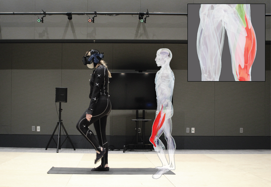 A woman wearing workout gear studded with electrical nodes practices lifting and flexing her foot as a virtual model of the human body, with muscle groups highlighted, appears next to her.