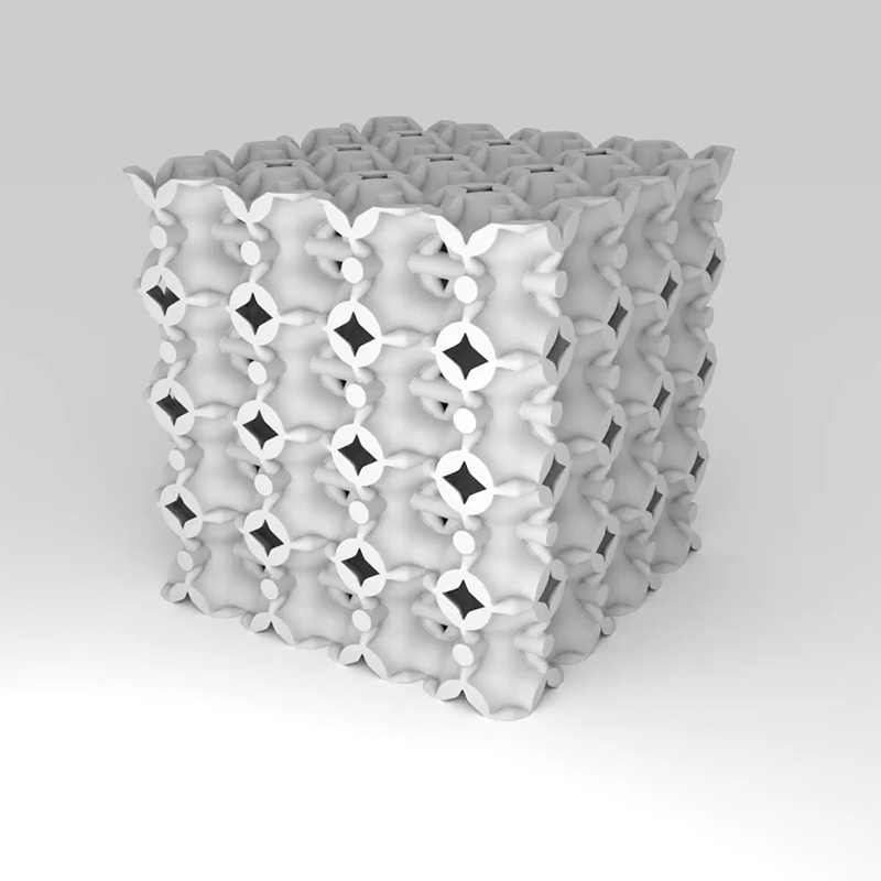 This GIF shows a rendered cellular metamaterial that the researchers designed using their system. The rotating 4x4x4 tiling of the unit cell is composed of beams, shells, and simple volumetric shapes. 