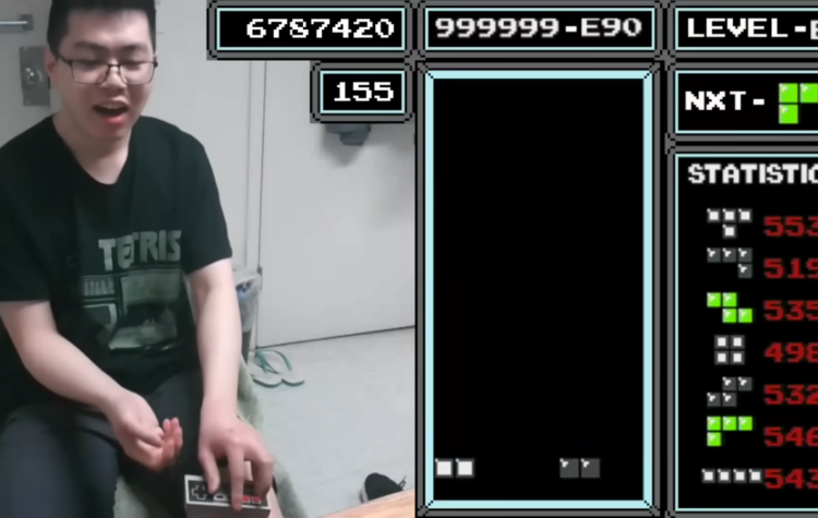 In a split-screen from one of his videogame streams, player Justin Yu is shown reacting to "gamecrash" in Classic Tetris.