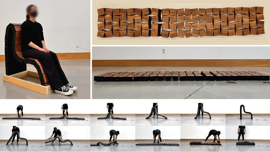 In a series of images, a flat grid of wooden blocks are pulled using a central string into a rough chair shape, which a human then sits in.